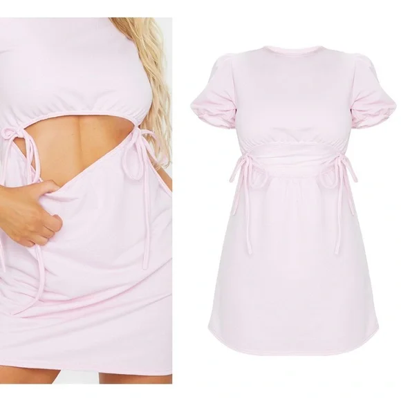 NWT PrettyLittleThing Baby Pink Puff Sleeve Cut Out Tie Sweatshirt Mini Dress 0 - Picture 7 of 12